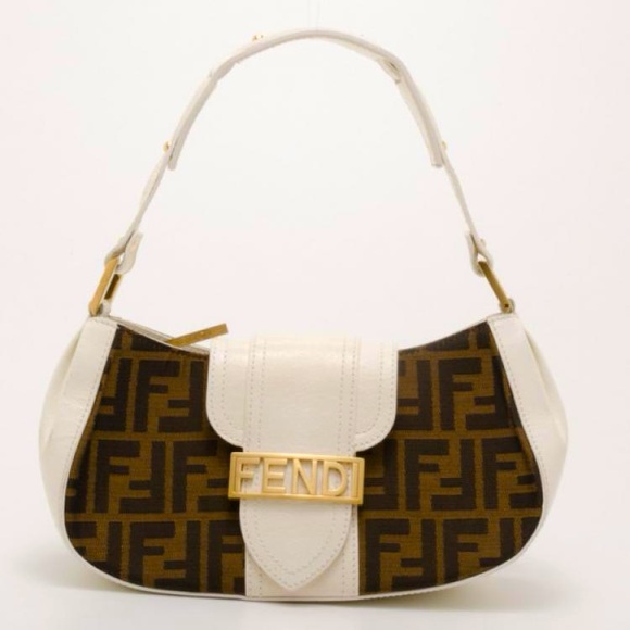Fendi Handbags - Fendi Brown Monogram Canvas and Cream Leather Baguette Bag with Gold Hardware